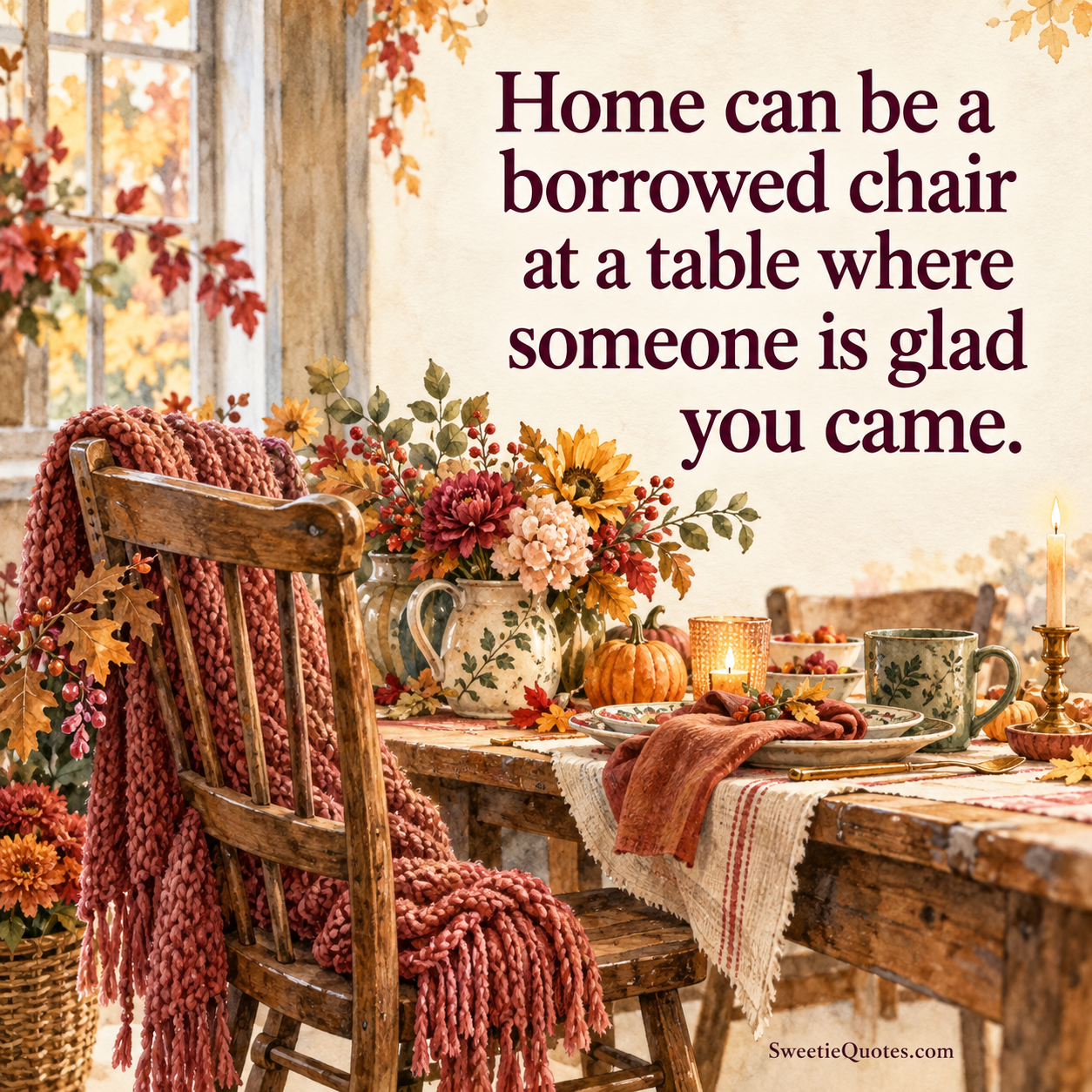 Home can be a borrowed chair at a table where someone is glad you came.